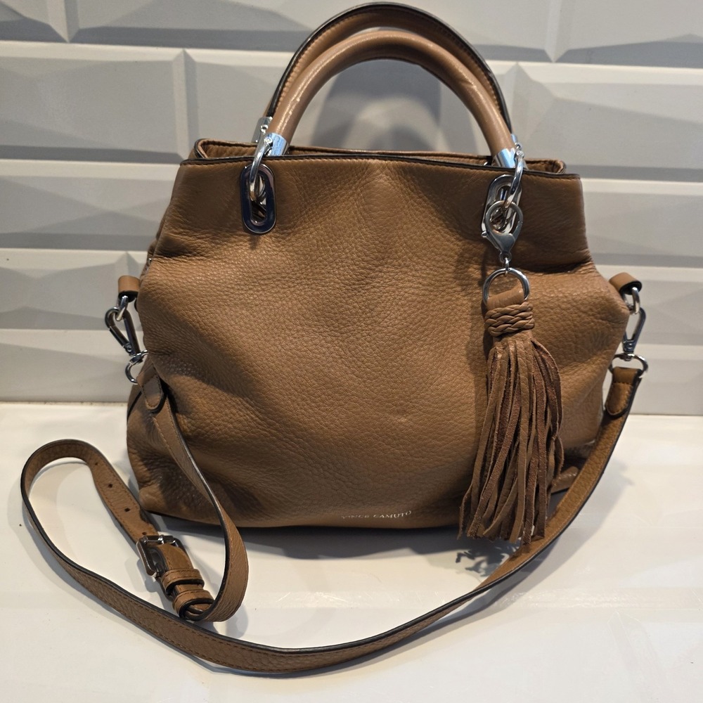 Vince Camuto Elva Satchel Purse Handbag Brown Chestnut pebbled leather